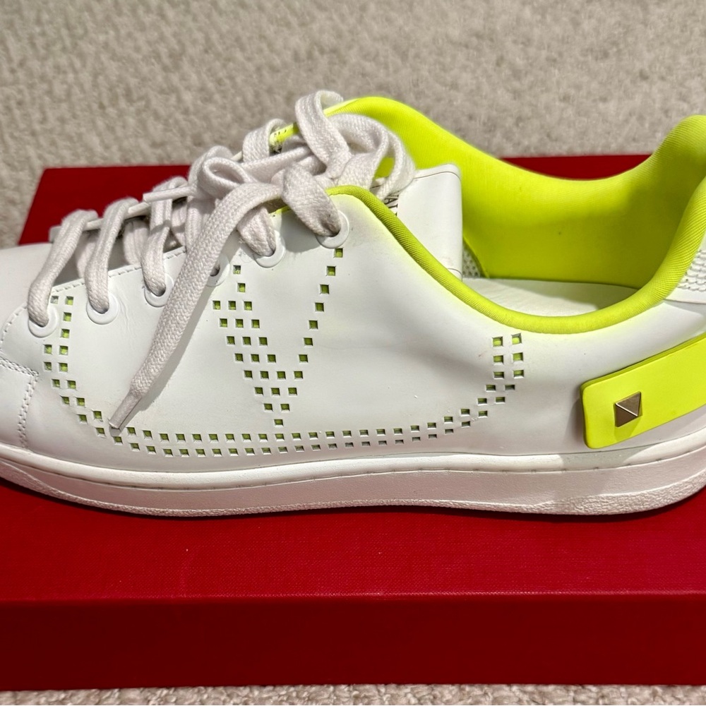 Valentino Garavani White and Neon Green Sneakers